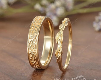 Couple Rings Set Minimalist Leaf Wedding Band Vintage Mens Yellow