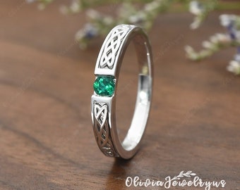 Lab Emerald Wedding Band Vine Men Ring White Gold Wedding Ring Birthstone Ring Custom Half Eternity Wedding Band  Promise Ring Solitaire