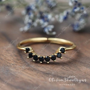 Unique Design Onyx Wedding Ring Yellow Gold Chevron Wedding Stacking Matching Band Black Stone Ring Black Onyx Ring Black Agate Promise Ring