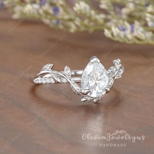 1.5ct Pear Shaped Moissanite Engagement Ring Vintage Leaf Wedding Ring Unique Yellow Gold Leaf Floral Ring Nature Inspired Promise Ring image 16