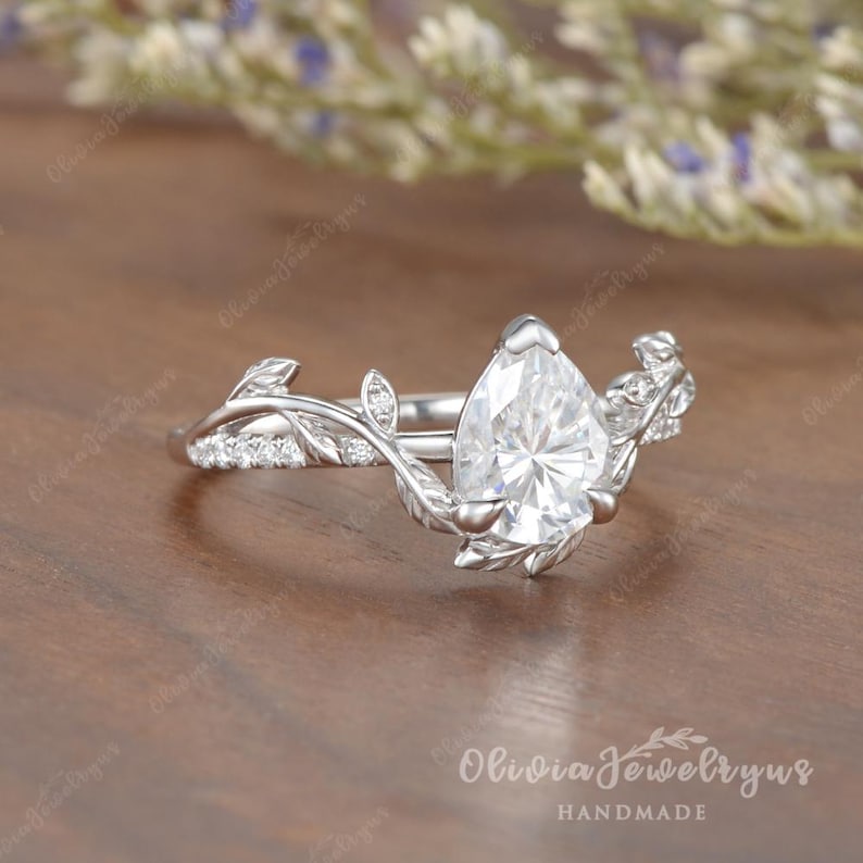 1.5ct Pear Shaped Moissanite Engagement Ring Vintage Leaf Wedding Ring Unique Yellow Gold Leaf Floral Ring Nature Inspired Promise Ring image 16