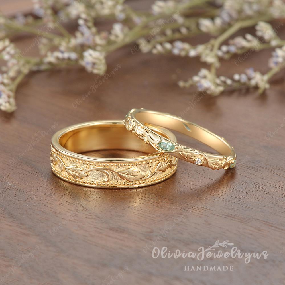 2pcs Couple Rings Set 2025 New Design Oak Leaf Ring Clear Green