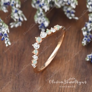 Natural Opal Half Eternity Wedding Band Moissanite Curved Ring Rose Gold Stacking Matching Ring Vintage Bridal Ring Anniversary Gift for Her