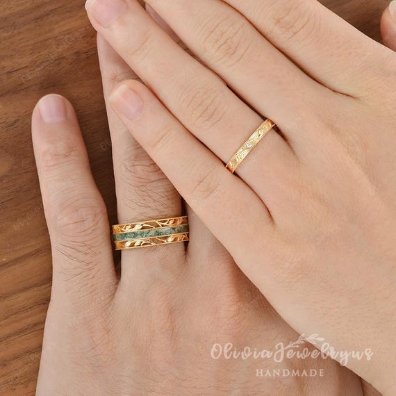 2pcs Natural Moss Agate Promise Ring Set Art Deco Leaf Ring
