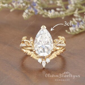 1.5ct Pear Shaped Moissanite Engagement Ring Vintage Leaf Wedding Ring Unique Yellow Gold Leaf Floral Ring Nature Inspired Promise Ring image 9
