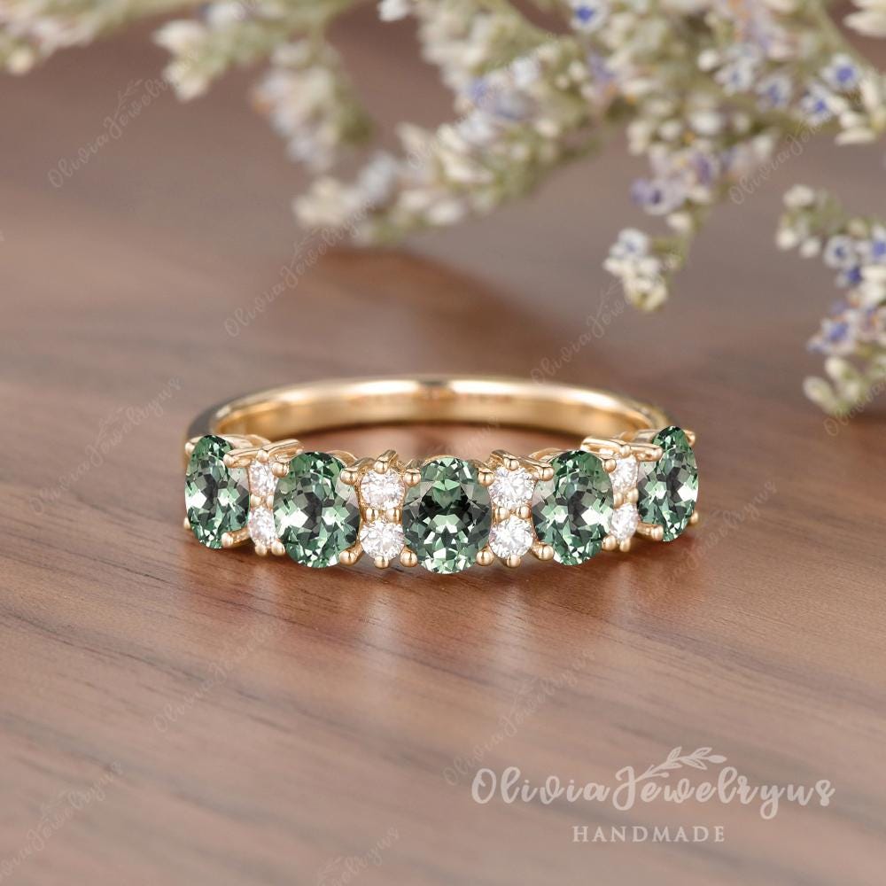 Vintage Green Sapphire Wedding Band Oval Cut Retro Green Sapphire Energy Stone Sapphire Engagement Ring Half Eternity Band Anniversary Gift