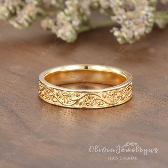 Vintage Mens Wedding Band Yellow Gold Couple Rings Leaf Engraved