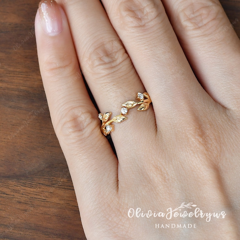 Vintage Leaf Wedding Band Women Unique Diamond Ring Stacking Ring Antique Yellow Gold Band Vine Delicate Moissanite Matching Band Leaf Ring image 4