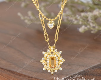 Double Chain Diamond 14K Necklace Vintage Citrine Halo Necklace Set of 2 Natural Citrine Stacking Dainty Pendant Chain Necklace for Women