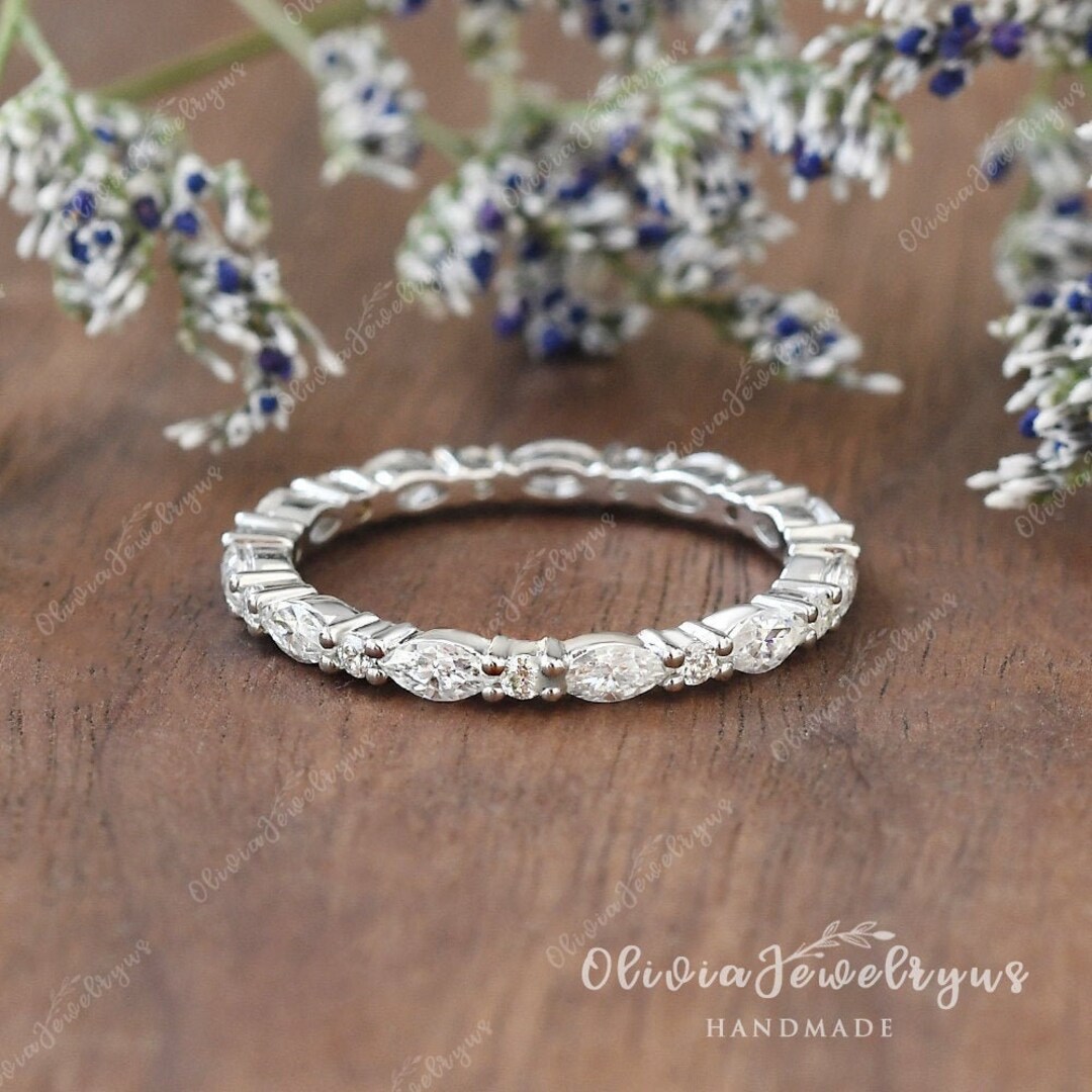 Marquise Moissanite Eternity Band 14K Solid Gold Stacking Matching Ring ...