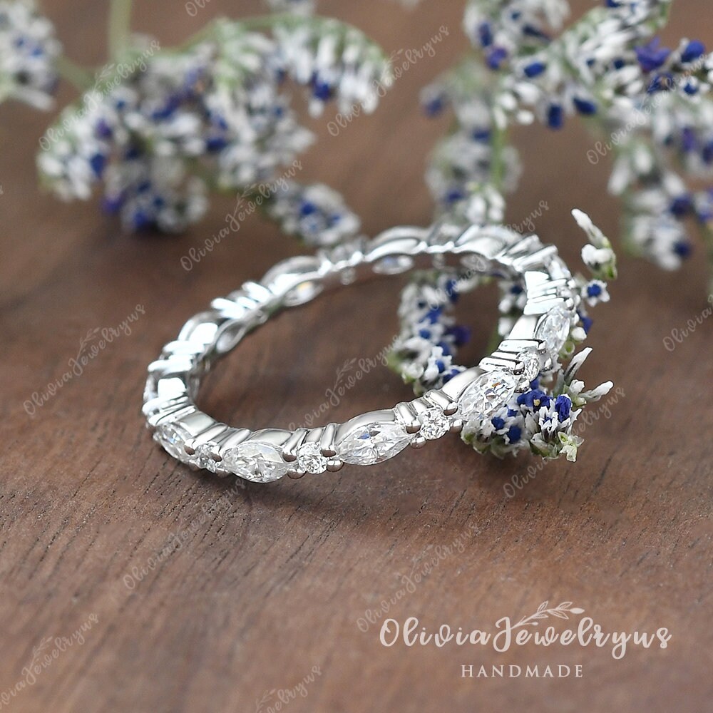 Marquise Moissanite Eternity Band 14K Solid Gold Stacking Matching Ring ...