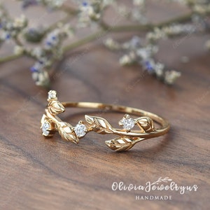 Vintage Leaf Wedding Band Women Unique Diamond Ring Stacking Ring Antique Yellow Gold Band Vine Delicate Moissanite Matching Band Leaf Ring image 3