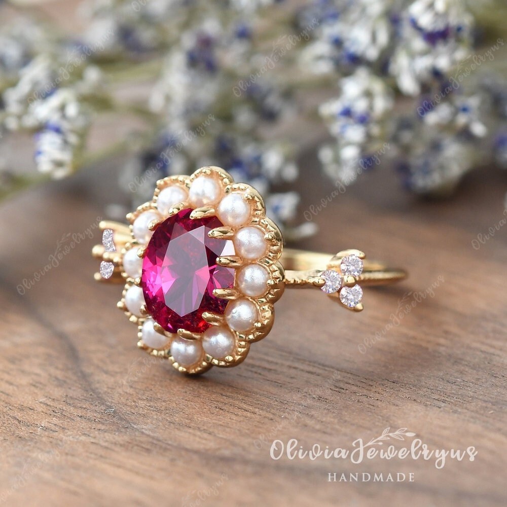 Antique Ruby Pearl Ring Yellow Gold Women Delicate Lab Ruby