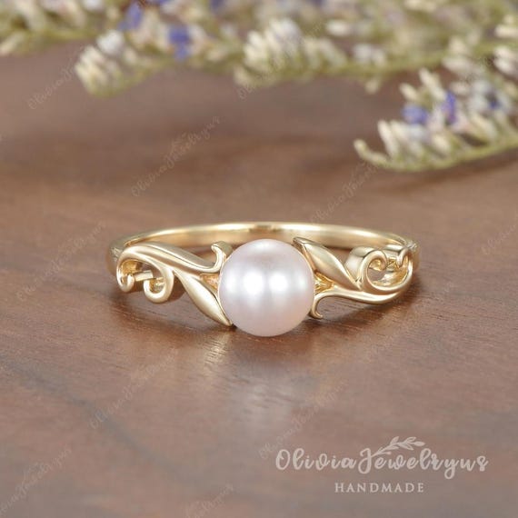 6mm Natural Pearl Ring Akoya Pearl Engagement Ring Yellow