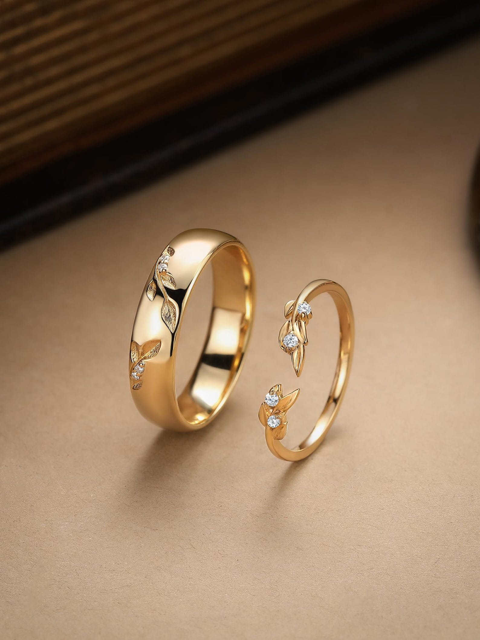 2pcs Couple Rings Set Leaf Branch Mens Wedding Band Moissanite Ring ...