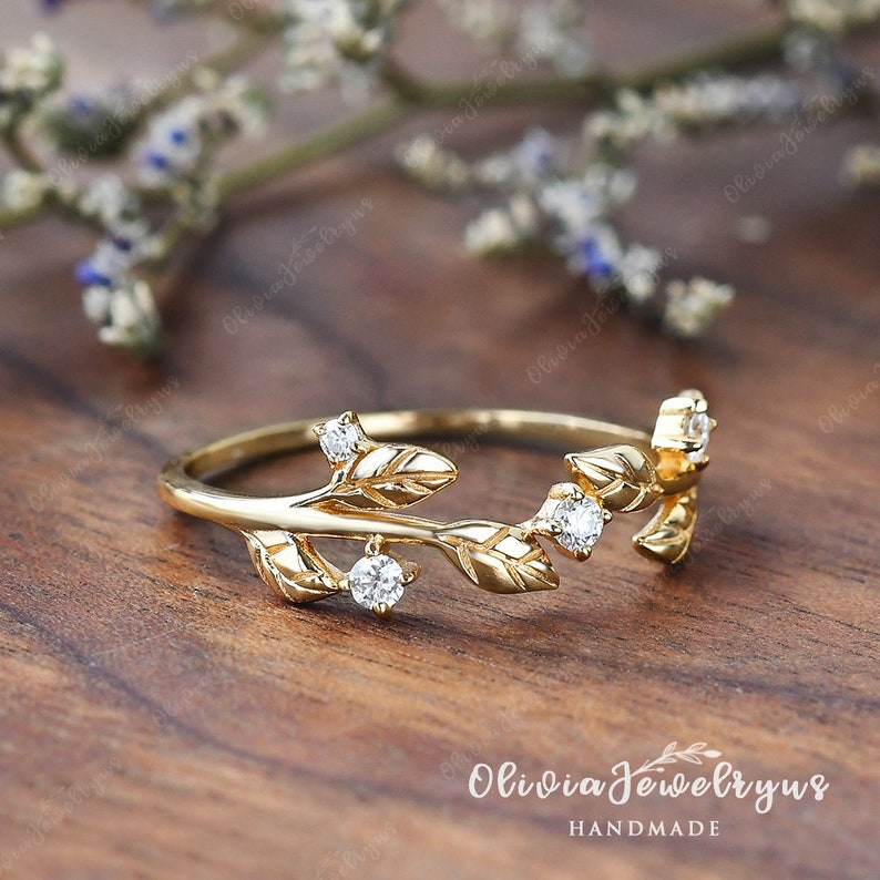 Vintage Leaf Wedding Band Women Unique Diamond Ring Stacking Ring Antique Yellow Gold Band Vine Delicate Moissanite Matching Band Leaf Ring image 7