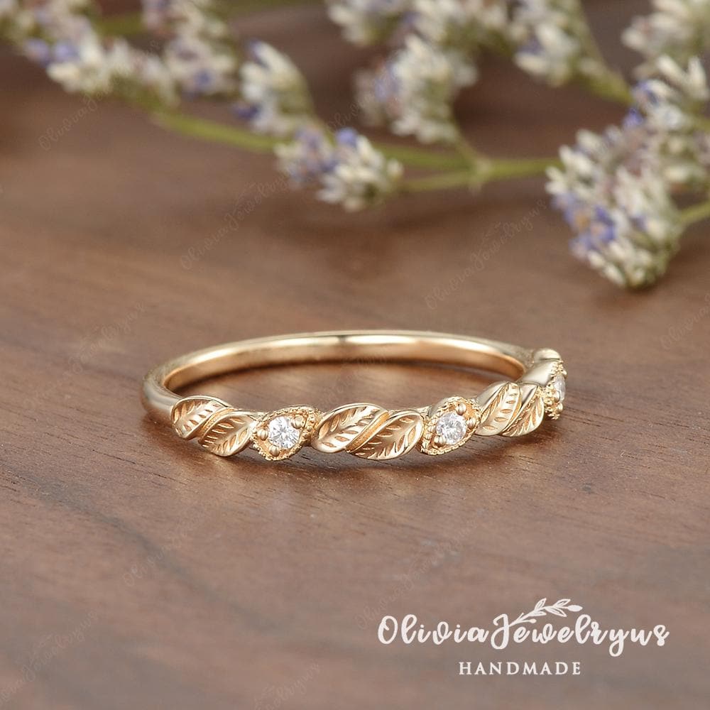 Leaf Wedding Ring Moissanite Filigree Leaf Matching Band Stacking