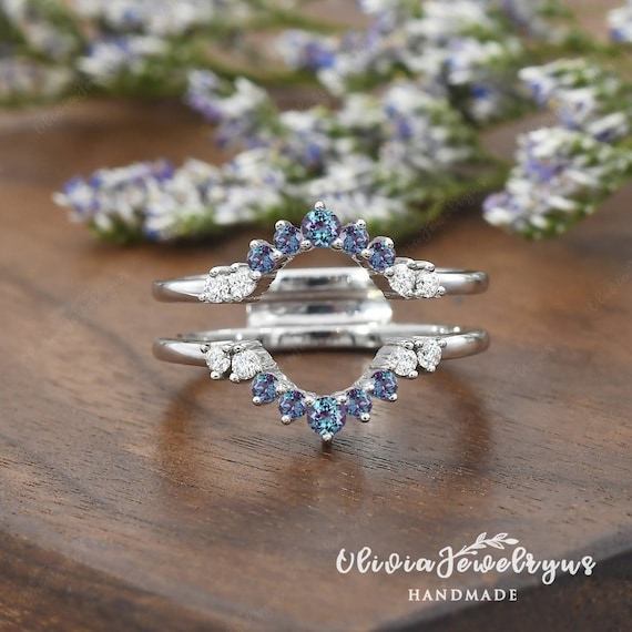 Alexandrite Enhancer Wedding Band Moissanite Cage Ring Stacking Band Women Unique Enhancer Ring White Gold Custom Matching Wedding Ring