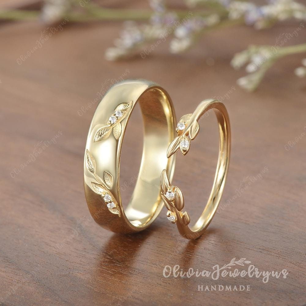 2pcs Couple Rings Set Leaf Branch Mens Wedding Band Moissanite Ring ...