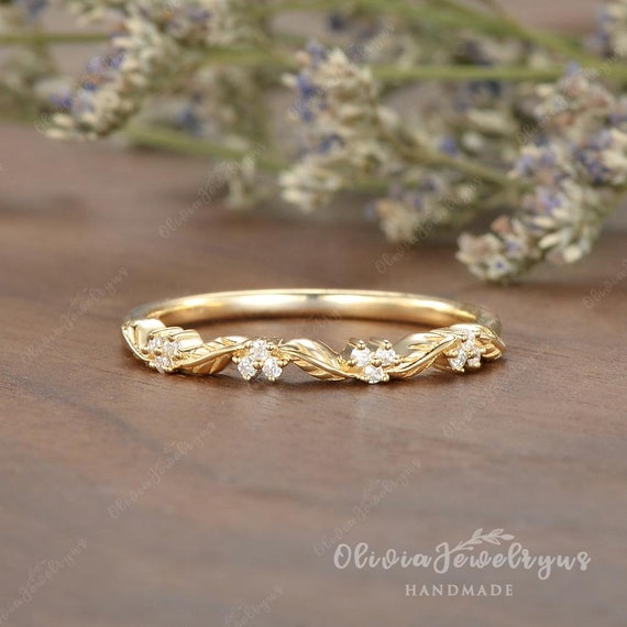 Vintage Leaf Moissanite Wedding Band Nature Inspired Leaf Cluster Stacking Matching Ring Promise Ring for Women Twig Branch Wedding Band