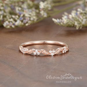Vintage Leaf Moissanite Wedding Band Nature Inspired Leaf Cluster Stacking Matching Ring Promise Ring for Women Twig Branch Wedding Band image 9