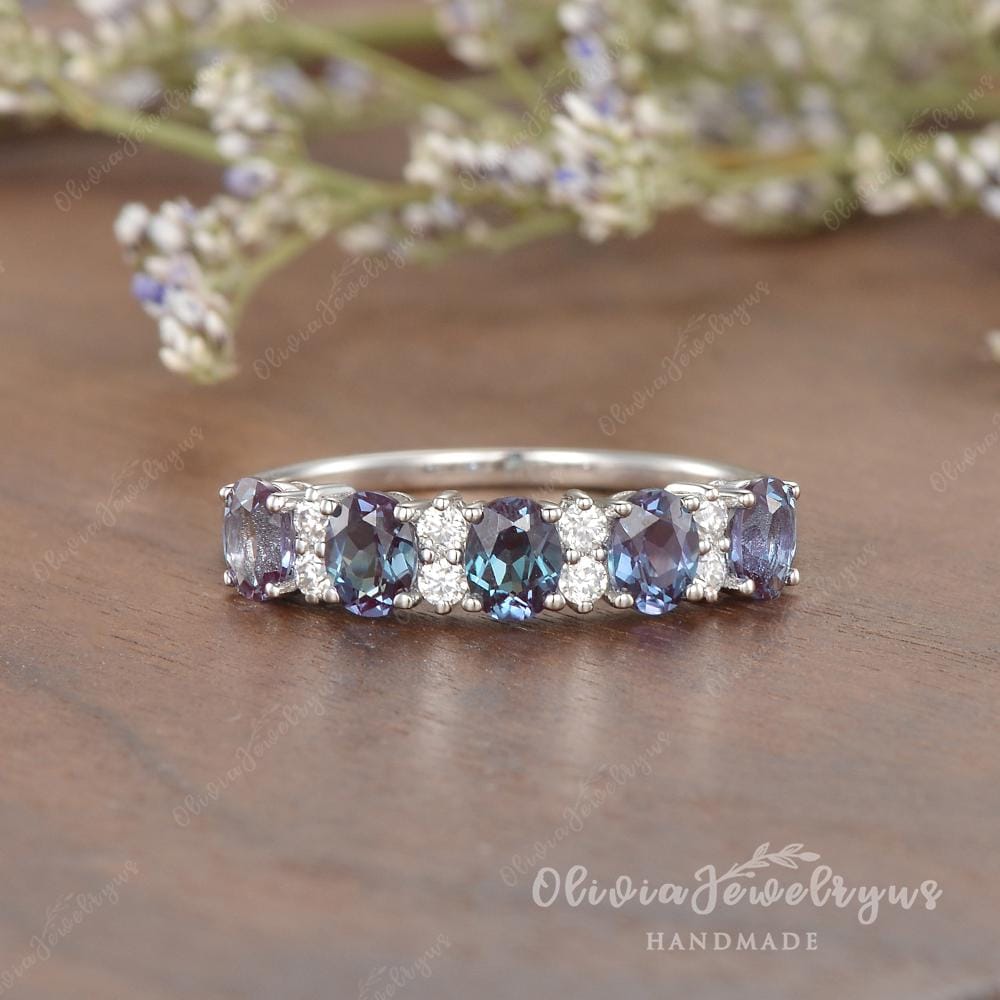 Alexandrite Wedding Band Oval Cut Vintage Alexandrite Ring June Birthstone White Gold Engagement Ring Half Eternity Band Anniversary Gift