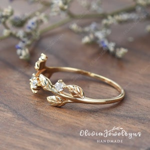 Vintage Leaf Wedding Band Women Unique Diamond Ring Stacking Ring Antique Yellow Gold Band Vine Delicate Moissanite Matching Band Leaf Ring image 5