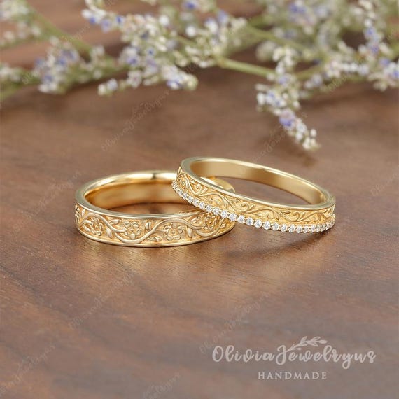 2pcs Couple Rings Set Art Deco Engraved Wedding Band Unisex