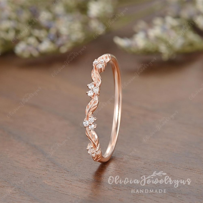 Vintage Leaf Moissanite Wedding Band Nature Inspired Leaf Cluster Stacking Matching Ring Promise Ring for Women Twig Branch Wedding Band image 10