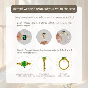 Op de afbeelding: Een gids voor het aanpassen van een gebogen trouwring. De gids toont een ring met een groene edelsteen en instructies over hoe je de ring moet meten voor een perfecte pasvorm. De afmetingen zijn gemarkeerd met A, B, C, D en E.