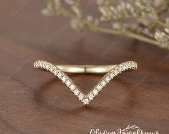 Chevron Diamond Wedding Band Vintage Women Stakcing Ring Yellow Gold Art Deco Delicate Matching Band Curved Moissanite Ring Custom Fit Band