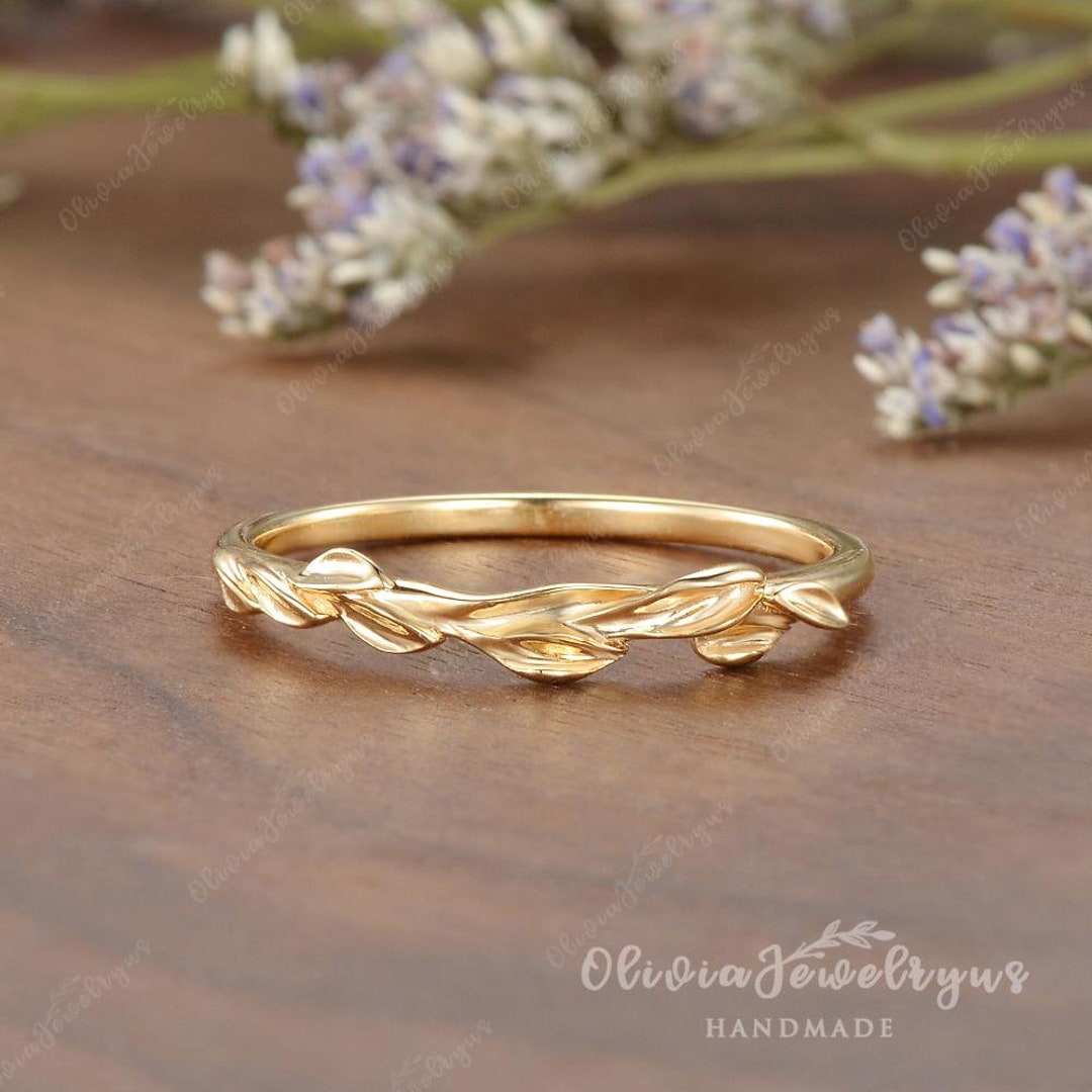Simple Leaf Wedding Band Minimalist Yellow Gold Ring Nature