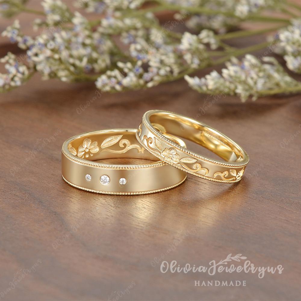 Stunning Orchid Couple Rings Set Art Deco Floral Promise Ring Set