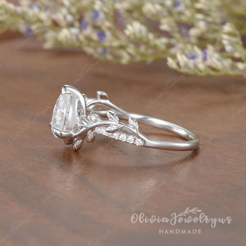 1.5ct Pear Shaped Moissanite Engagement Ring Vintage Leaf Wedding Ring Unique Yellow Gold Leaf Floral Ring Nature Inspired Promise Ring image 17