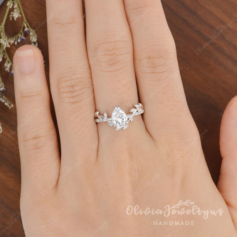1.5ct Pear Shaped Moissanite Engagement Ring Vintage Leaf Wedding Ring Unique Yellow Gold Leaf Floral Ring Nature Inspired Promise Ring image 15
