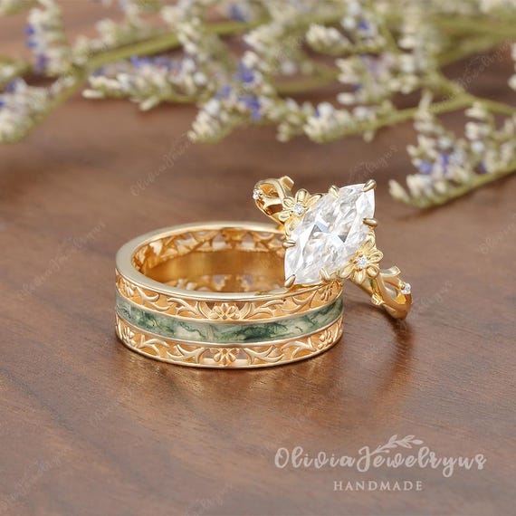 2ct Fairy Marquise Moissanite Couple Rings Set Graceful Orchid