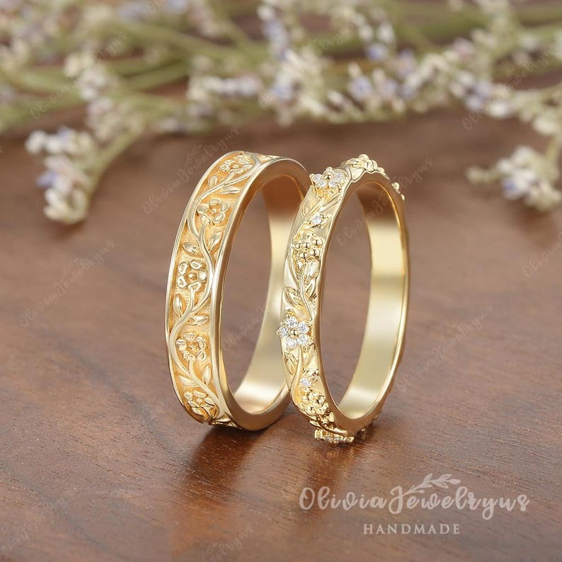 Cherry Blossom Couple Rings Set Unisex Wedding Band Art Deco Couple ...