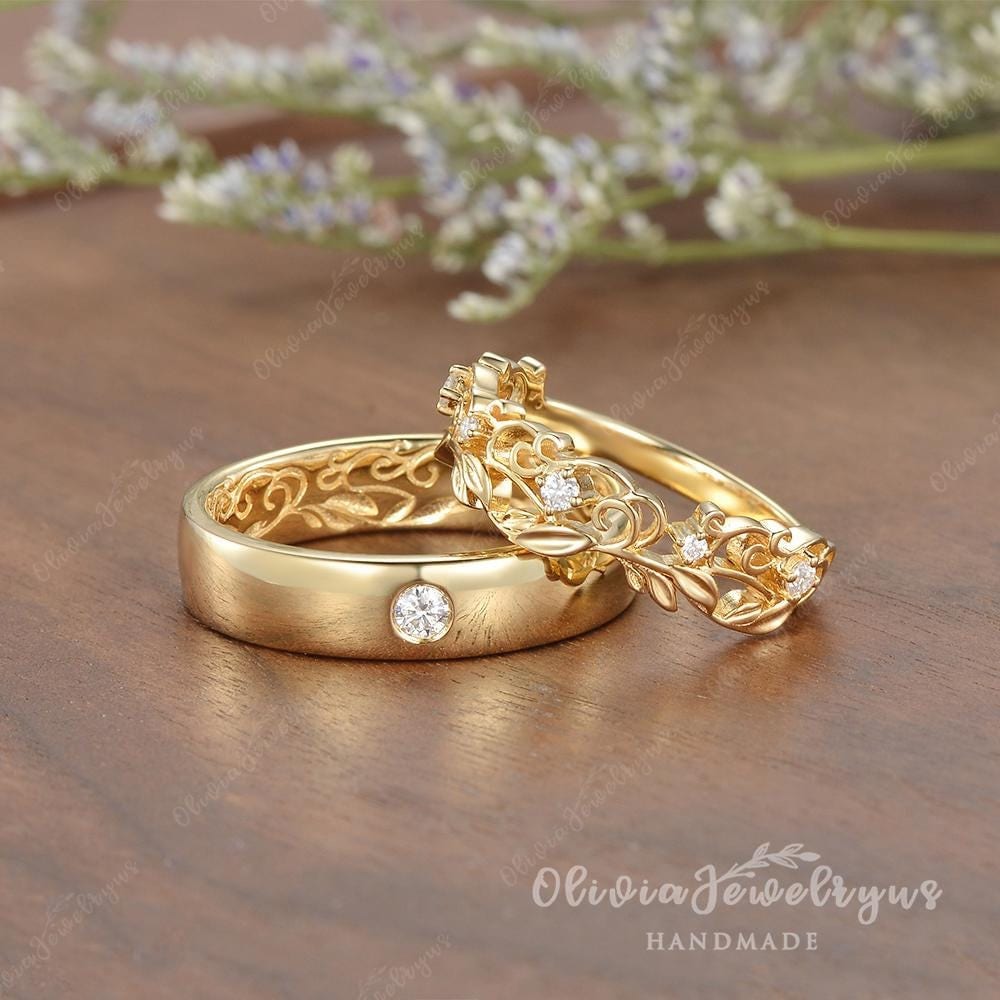 Unique Leaves and Vine Promise Ring Set for Couple Moissanite Leaf Ring ...