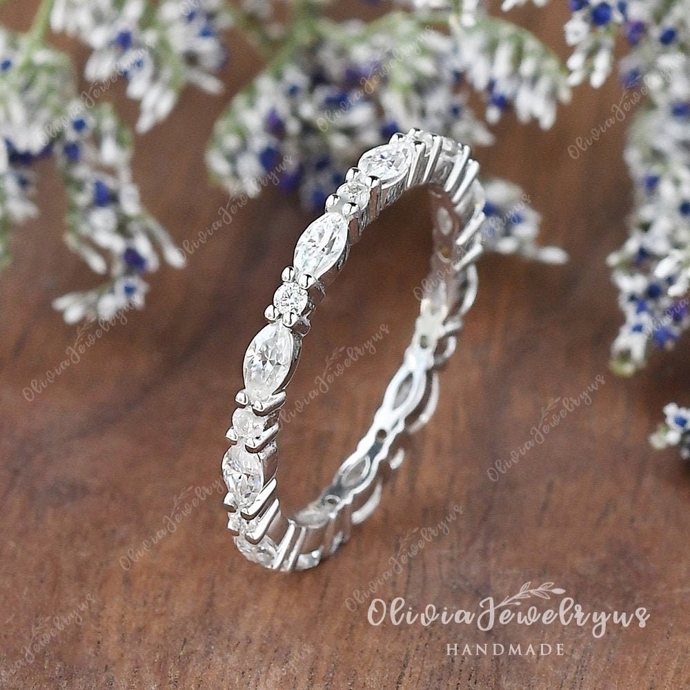 Marquise Moissanite Eternity Band 14K Solid Gold Stacking Matching Ring ...