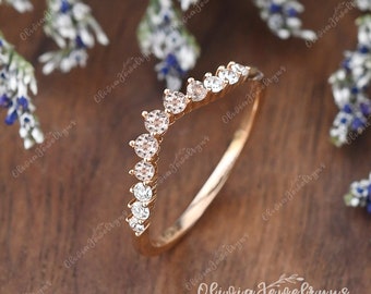 Natural Morganite Wedding Band Woman Curved Rose Gold Wedding Band Dainty Half Eternity Moissanite Morganite Ring Stacking Matching Ring