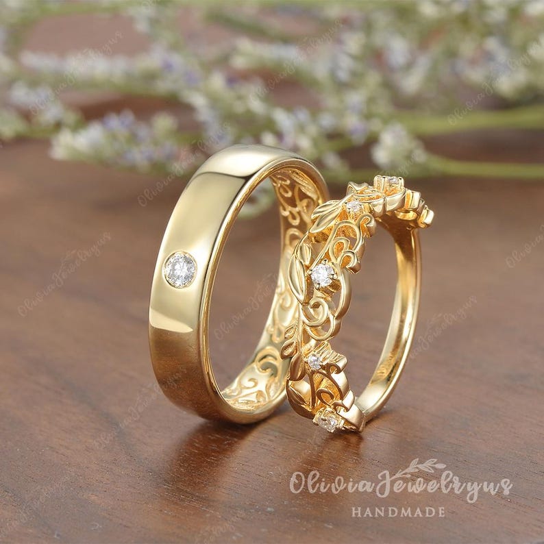Unique Leaves and Vine Promise Ring Set for Couple Moissanite Leaf Ring ...