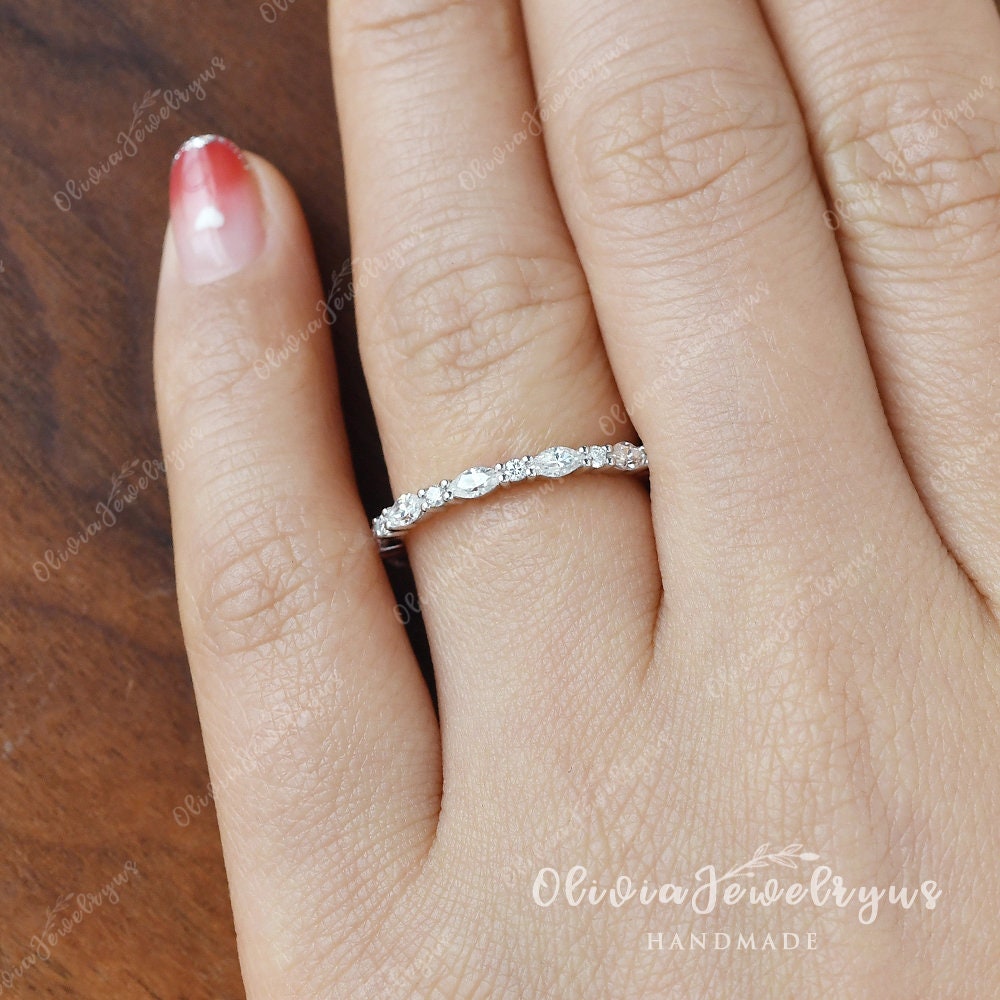 Marquise Moissanite Eternity Band 14K Solid Gold Stacking Matching Ring ...