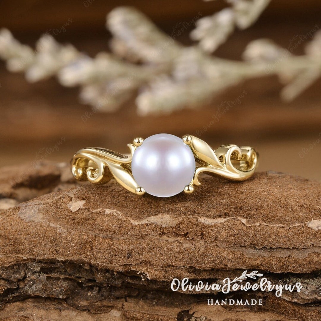 6mm Natural Pearl Ring Akoya Pearl Engagement Ring Yellow