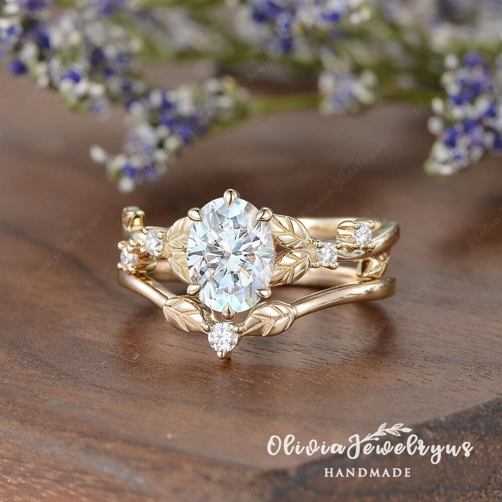 1.5ct Leaf Antique Engagement Rings Set Vintage Moissanite