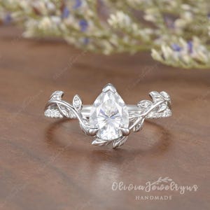 1.5ct Pear Shaped Moissanite Engagement Ring Vintage Leaf Wedding Ring Unique Yellow Gold Leaf Floral Ring Nature Inspired Promise Ring image 14