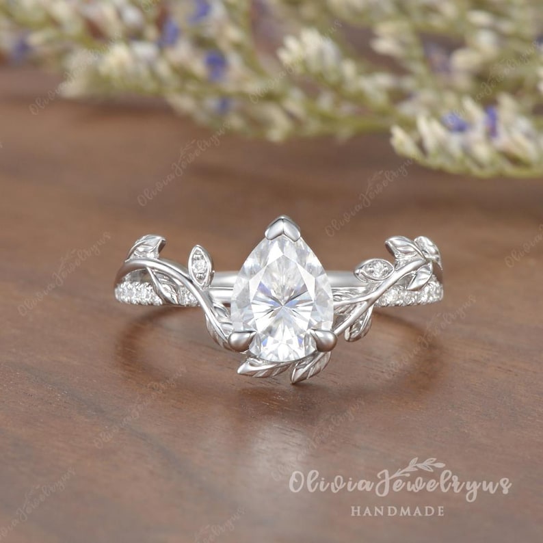 1.5ct Pear Shaped Moissanite Engagement Ring Vintage Leaf Wedding Ring Unique Yellow Gold Leaf Floral Ring Nature Inspired Promise Ring image 14