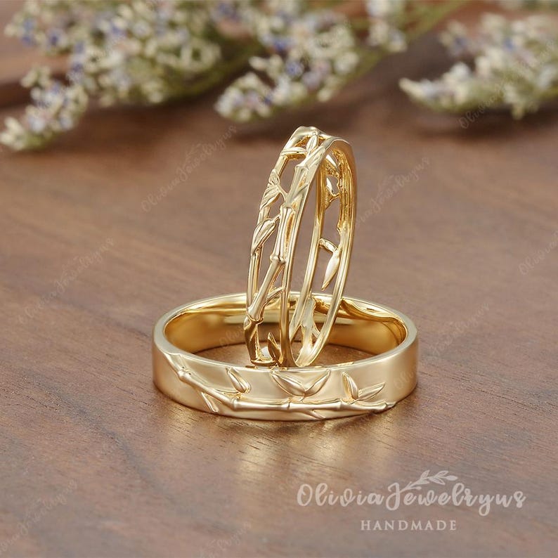 Kyoto Bamboo Wedding Band Couple Rings Set Unique Men Engraved Wedding ...