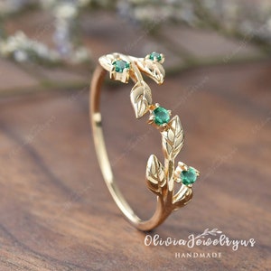 Leaf Wedding Band Vine Custom Gemstone Engagement Ring Women  Lab Emerald Ring Unique Bridal Promise Ring Gift Yellow Gold Stacking Ring