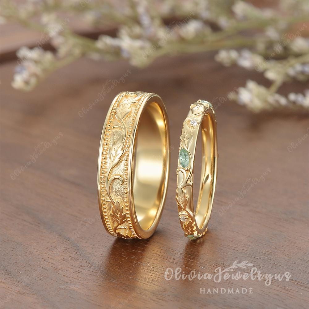 2pcs Couple Rings Set 2025 New Design Oak Leaf Ring Clear Green ...