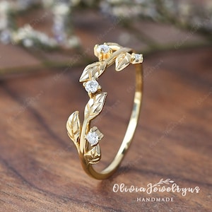 Vintage Leaf Wedding Band Women Unique Diamond Ring Stacking Ring Antique Yellow Gold Band Vine Delicate Moissanite Matching Band Leaf Ring image 2